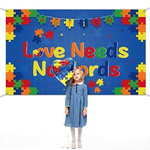 Nepnuser Love Needs No Words Photo Booth Backdrop Puzzle Piece April Autism Awareness Decoration Indoor Outdoor Wall Decor-5.9×3.6ft