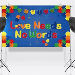 Nepnuser Love Needs No Words Photo Booth Backdrop Puzzle Piece April Autism Awareness Decoration Indoor Outdoor Wall Decor-5.9×3.6ft