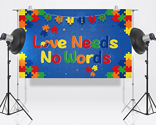 Nepnuser Love Needs No Words Photo Booth Backdrop Puzzle Piece April Autism Awareness Decoration Indoor Outdoor Wall Decor-5.9×3.6ft