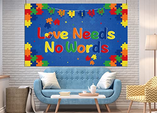 Nepnuser Love Needs No Words Photo Booth Backdrop Puzzle Piece April Autism Awareness Decoration Indoor Outdoor Wall Decor-5.9×3.6ft