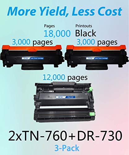 MM MUCH & MORE Compatible TN-760 TN760 Toner Cartridge and DR730 Drum Unit Replacement for Brother MFC-L2710DW L2750DWXL HL-L2350DW L2390DW L2395DW L2370DWXL L2550DW Printer (3-Pack, 2 Toner + 1 Drum)