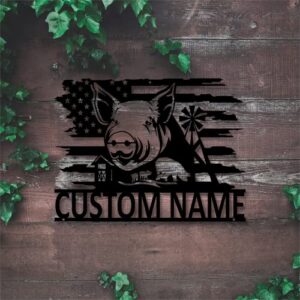 Raainhao Personalized Name Metal Farm Sign Decorative Metal Last Name Wall Hanging Artwork Gift for Birthday Retirement Bedroom Office Studio Metal Pig Farm Wall Sculptures Decor