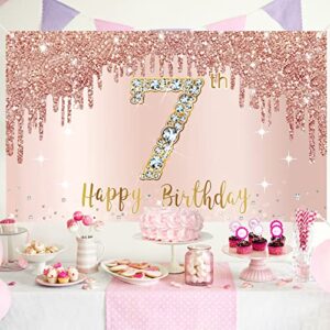 Happy 7th Birthday Banner Backdrop Decorations for Girls, Rose Gold 7 Year Old Birthday Party Sign Supplies, Pink Seventh Birthday Poster Background Photo Booth Props Decor