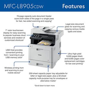 Brother MFC‐L8905CDW Business Color Laser All‐in‐One Printer, 7” Touchscreen Display, Duplex Print/Scan, Wireless