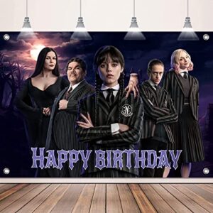 wednesday new addams party supplies, happy birthday backdrop for wednesday party decorations, 5 x 3ft birthday banner for girls boys kids birthday party decor