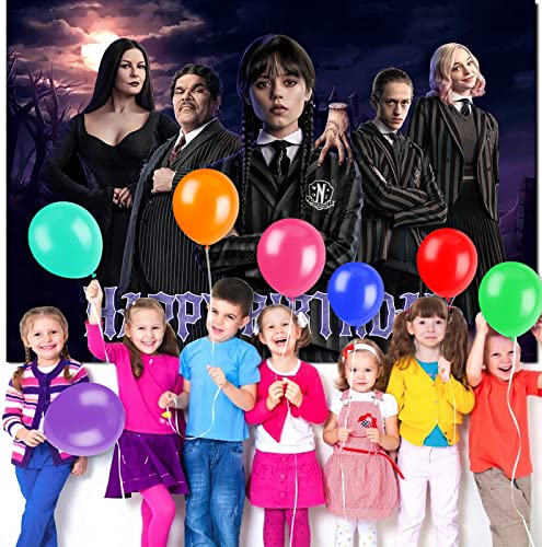 Wednesday New Addams Party Supplies, Happy Birthday Backdrop for Wednesday Party Decorations, 5 x 3FT Birthday Banner for Girls Boys Kids Birthday Party Decor