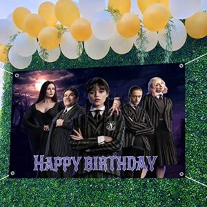 Wednesday New Addams Party Supplies, Happy Birthday Backdrop for Wednesday Party Decorations, 5 x 3FT Birthday Banner for Girls Boys Kids Birthday Party Decor