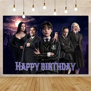 Wednesday New Addams Party Supplies, Happy Birthday Backdrop for Wednesday Party Decorations, 5 x 3FT Birthday Banner for Girls Boys Kids Birthday Party Decor