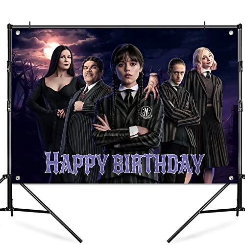 Wednesday New Addams Party Supplies, Happy Birthday Backdrop for Wednesday Party Decorations, 5 x 3FT Birthday Banner for Girls Boys Kids Birthday Party Decor