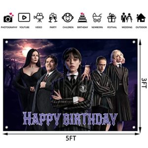 Wednesday New Addams Party Supplies, Happy Birthday Backdrop for Wednesday Party Decorations, 5 x 3FT Birthday Banner for Girls Boys Kids Birthday Party Decor