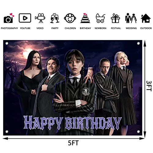 Wednesday New Addams Party Supplies, Happy Birthday Backdrop for Wednesday Party Decorations, 5 x 3FT Birthday Banner for Girls Boys Kids Birthday Party Decor