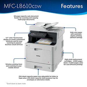 Brother MFC-L8610CD All-in-One Color Wireless Laser Printer for Home Office - Print Copy Scan Fax - 33 ppm, 600 x 2400 dpi, 8.5 x 14, Automatic Duplex Printing, 50-Sheet ADF - BROAG Printer Cable