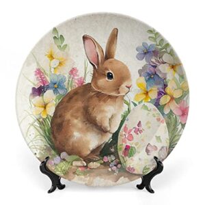 gokays easter decorative plates, vintage bunny & flowers eggs ceramic plate, wobble-plate with display stand, home decor for living room bedroom, farmhouse wall hanging round plate sign 10 inch