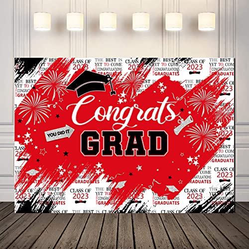 LYCGS 7X5ft Graduation Backdrop Congrats Grad Red and Silver Graduation Photo Backdrop 2023 Graduation Photography Backdrops Graduation Prom Party Decor Banner X-119