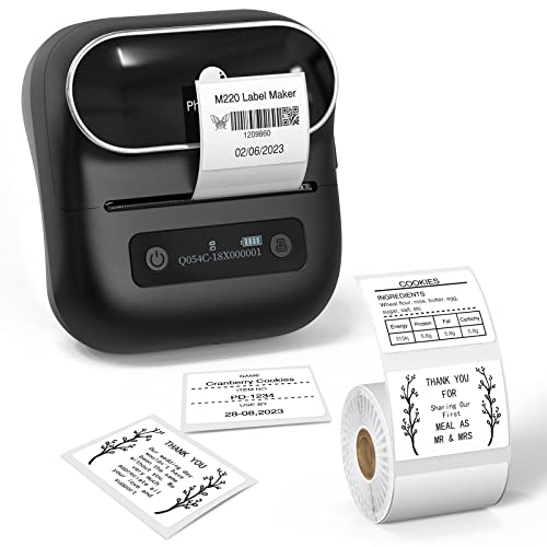 Phomemo M220 Label Maker, 3.14 Inch Label Printer, Bluetooth Thermal Sticker Printer for Barcode, Organizing, Mailing, Small Business, Storage, Compatible with Phone, PC, with 100 Pc Labels