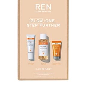 REN Clean Skincare Glow One Step Further Radiance Kit - Ready Steady Glow Daily AHA Tonic, Overnight Glow Dark Spot Sleeping Cream, Glycol Lactic Radiance Renewal Mask, ($50 Value)