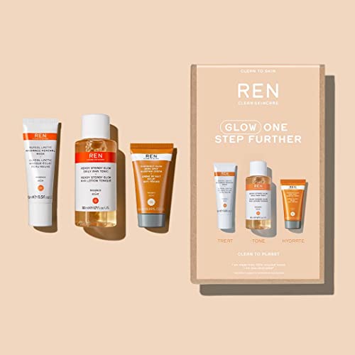 REN Clean Skincare Glow One Step Further Radiance Kit - Ready Steady Glow Daily AHA Tonic, Overnight Glow Dark Spot Sleeping Cream, Glycol Lactic Radiance Renewal Mask, ($50 Value)