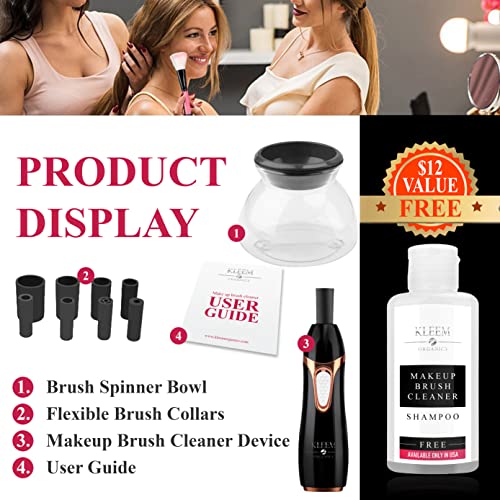 Electric Makeup Brush Cleaner Machine with FREE Makeup Cleaner Shampoo - Automatic Makeup Brush Washing Machine and Spinning Dryer with Rubber Collars - Clean, Rinse and Dry in Seconds