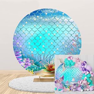 Mermaid Round Backdrop Cover 7ft Under The Sea Glittering Mermaid Birthday Backdrop Underwater Round Backdrop Cover Girls Princess Birthday Party Baby Shower Gender Reveal Photo Background Decor