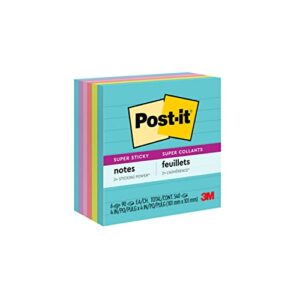 post-it super sticky notes, 4×4 in, 6 pads, 2x the sticking power, supernova neons, bright colors, recyclable (675-6ssmia)