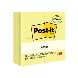 post-it notes, 3×3 in, 24 pads, america’s no.1 favorite sticky notes, canary yellow, clean removal, recyclable (654-24vad)