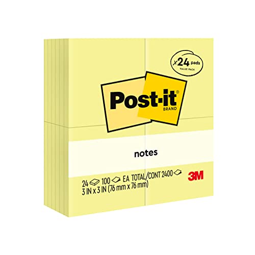 Post-it Notes, 3x3 in, 24 Pads, America's No.1 Favorite Sticky Notes, Canary Yellow, Clean Removal, Recyclable (654-24VAD)