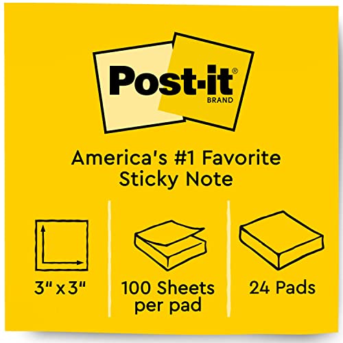 Post-it Notes, 3x3 in, 24 Pads, America's No.1 Favorite Sticky Notes, Canary Yellow, Clean Removal, Recyclable (654-24VAD)