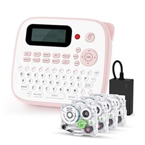 pink label maker machine with tape d210s portable labeler label printer for labeling with 4 laminated label tapes jm231, qwerty keyboard label maker, ac adapter easy-to-use, multiple line labeling
