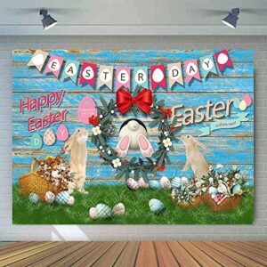 emtobt 7x5ft easter day theme backdrop rustic blue wooden wall background bunny rabbit colorful eggs grass baby kids portrait party decor banner photo booth studio photography props bjfnem0037