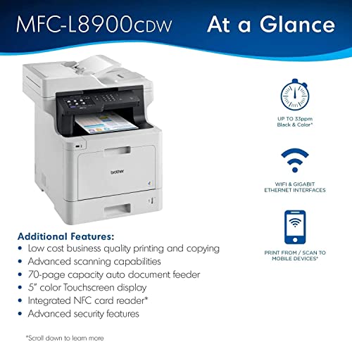 Brother MFC-L8900CDW Business Laser All-in-One Color Printer, Print Scan Copy Fax, Automatic Duplex Printing, 5 Inch Color Touchscreen, 33 ppm, 512MB, Bundle with Cefesfy Printer Cable