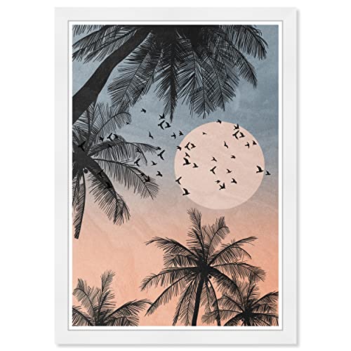 Wynwood Studio Floral and Botanical Tropical Boho Sunset Beach Canvas Wall Art Fullmoon Palm Living Room Bedroom and Bathroom Home Decor 13 in x 19 in Pink and Blue