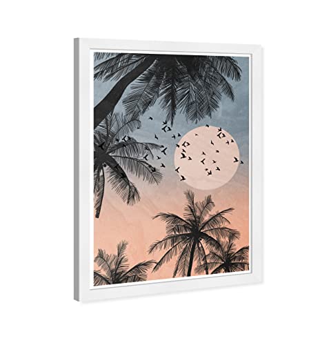 Wynwood Studio Floral and Botanical Tropical Boho Sunset Beach Canvas Wall Art Fullmoon Palm Living Room Bedroom and Bathroom Home Decor 13 in x 19 in Pink and Blue