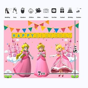 Princess Peach Birthday Party Banner 7x5 Vinyl Princess Peach Birthday Decorations Supplies Photography Backdrop Cake Table Decor Poster Photo Stuido Background Mario Princess Decor