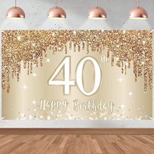 happy 40th birthday banner backdrop decorations for women, gold white 40 birthday sign party supplies, forty year old birthday photo booth background poster decor(72.8 x 43.3 inch)