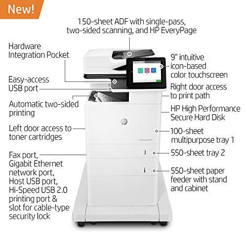 HP LaserJet Enterprise MFP M635fht Monochrome All-in-One Printer with built-in Ethernet, 2-sided printing, extra paper tray & wheeled stand (7PS98A)