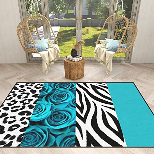 Modern Leopard Print Turquoise Rose Area Rug Teal Flower Hallway Runner Carpets Wild African Animal Pattern Non-Slip Floor Mat for Living Room Bedroom Dining Room Studio Women Room Decor