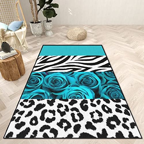 Modern Leopard Print Turquoise Rose Area Rug Teal Flower Hallway Runner Carpets Wild African Animal Pattern Non-Slip Floor Mat for Living Room Bedroom Dining Room Studio Women Room Decor