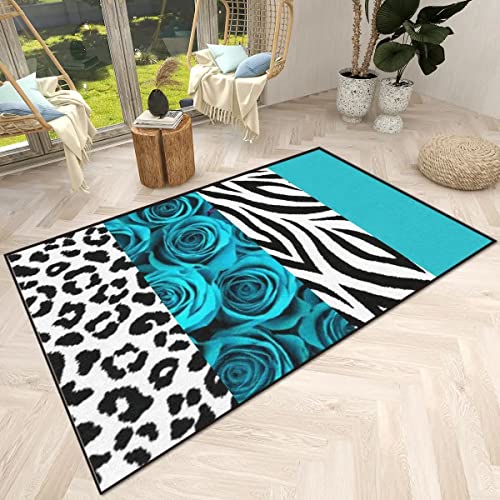 Modern Leopard Print Turquoise Rose Area Rug Teal Flower Hallway Runner Carpets Wild African Animal Pattern Non-Slip Floor Mat for Living Room Bedroom Dining Room Studio Women Room Decor