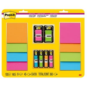 post-it super sticky notes and flags, 3×3 in, pack of 8 pads and 6 flags, assorted colors (654-8ss2f)