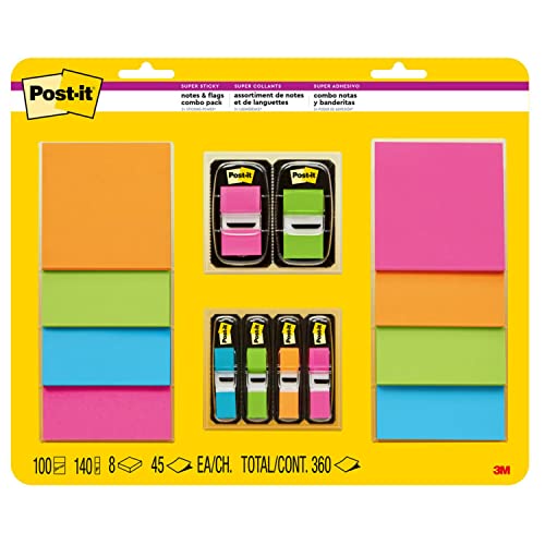 Post-it Super Sticky Notes and Flags, 3x3 in, Pack of 8 Pads and 6 Flags, Assorted Colors (654-8SS2F)