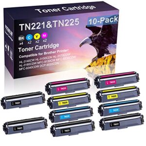 10 pack (bk+c+y+m) compatible hl-3180cdw mfc-9130cw mfc-9330cdw laser printer toner cartridge replacement for brother tn221 | tn225 | tn225 printer toner cartridge (high capacity)