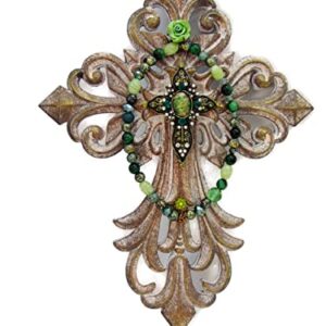 Upscaled Green ROSE Beaded WALL CROSS Decor, Wood Hand Beaded Cross, Office home church cross, upscaled religious art, Christian gift