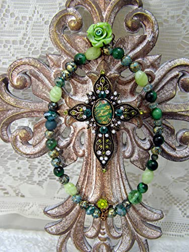 Upscaled Green ROSE Beaded WALL CROSS Decor, Wood Hand Beaded Cross, Office home church cross, upscaled religious art, Christian gift