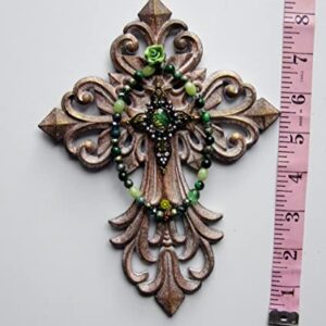 Upscaled Green ROSE Beaded WALL CROSS Decor, Wood Hand Beaded Cross, Office home church cross, upscaled religious art, Christian gift