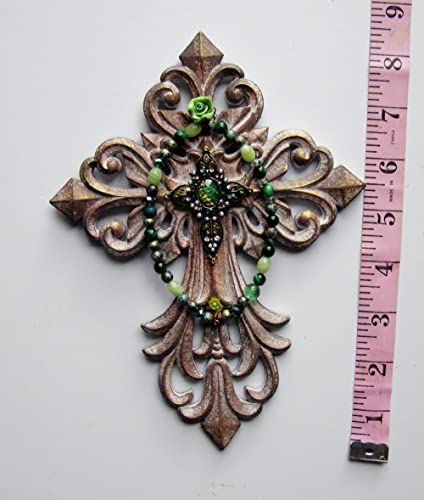 Upscaled Green ROSE Beaded WALL CROSS Decor, Wood Hand Beaded Cross, Office home church cross, upscaled religious art, Christian gift