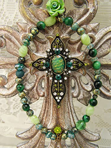 Upscaled Green ROSE Beaded WALL CROSS Decor, Wood Hand Beaded Cross, Office home church cross, upscaled religious art, Christian gift