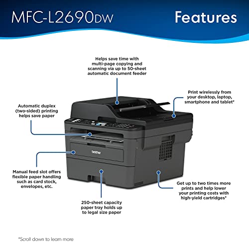 Brother MFC L26 Series All-in-One Laser Printer, Print, Copy, Scan, Fax - 26 ppm, 2400 x 600 dpi, 250 Sheets, Wireless, Mobile Printing, Auto 2-Sided Printing, with MTC Printer Cable (Renewed)