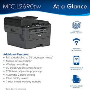 Brother MFC L26 Series All-in-One Laser Printer, Print, Copy, Scan, Fax - 26 ppm, 2400 x 600 dpi, 250 Sheets, Wireless, Mobile Printing, Auto 2-Sided Printing, with MTC Printer Cable (Renewed)