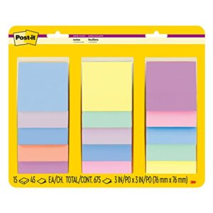 post-it super sticky notes, 3×3 in, assorted pastel colors, 15 pads, 2x the sticking power, recyclable (654-15ssps)