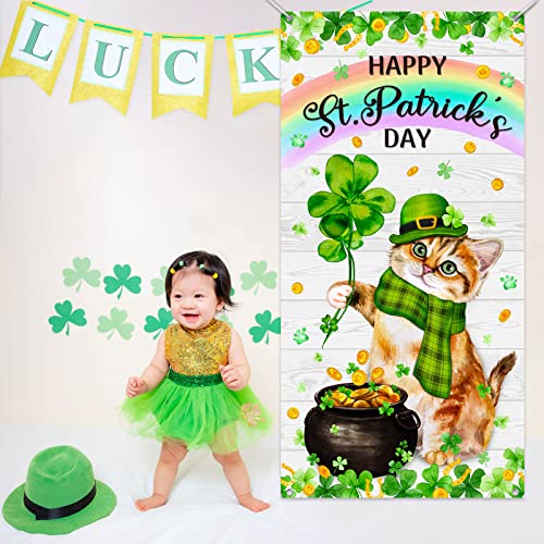 Happy St. Patrick's Day Door Cover Cute Cat Door Decoration Kitty with Green Hat Scarf Clover Shamrock Spring Door Banners Saint Patrick's Day Party Decors Irish Day Outdoor Party Backdrop for House